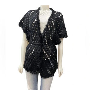 La Cite Rabbit Fur Wool Black Open Short Sleeve Cardigan Size Large